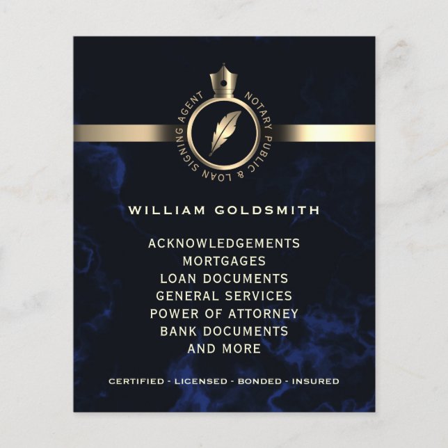 Luxury gold and blue marble notary flyer (Front)