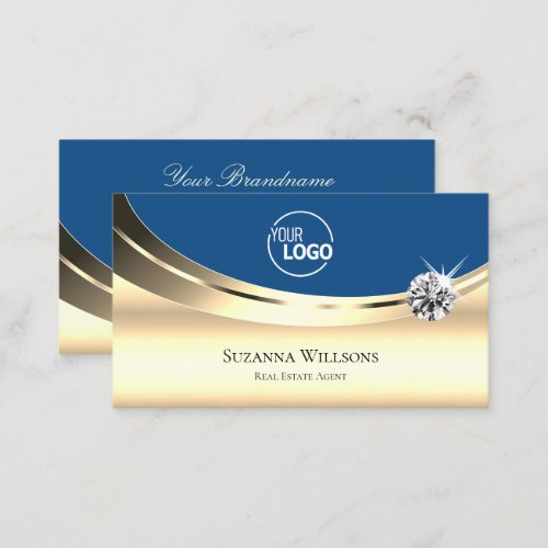 Luxury Gold and Blue with Logo Sparkle Diamond Business Card
