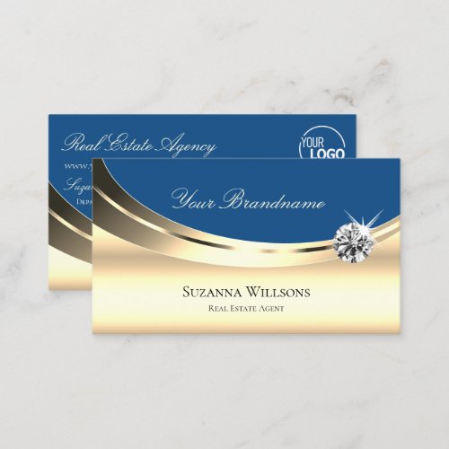 Luxury Gold and Blue with Logo Sparkling Diamond Business Card