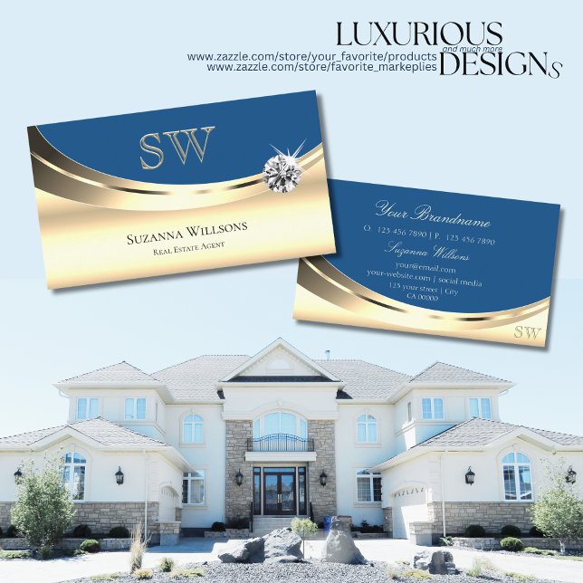 Luxury Gold and Blue with Monogram Sparkle Diamond Business Card (Creator Uploaded)
