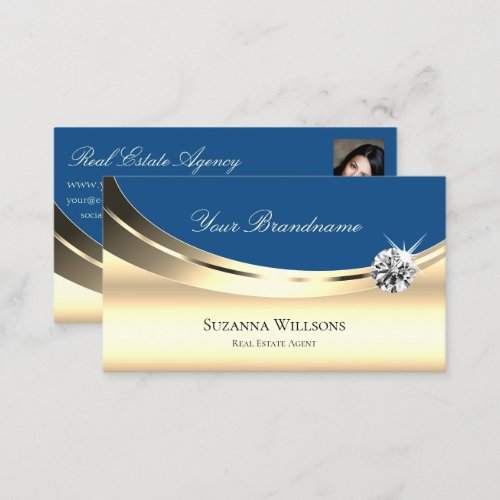 Luxury Gold and Blue with Photo Sparkling Diamond Business Card