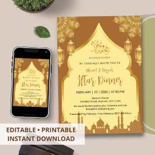 Luxury Gold and Brown Islamic Arch Iftar Dinner Invitation