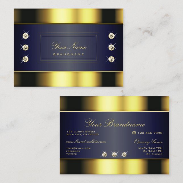 Luxury Gold and Dark Blue Gradient with Diamonds Business Card (Front/Back)