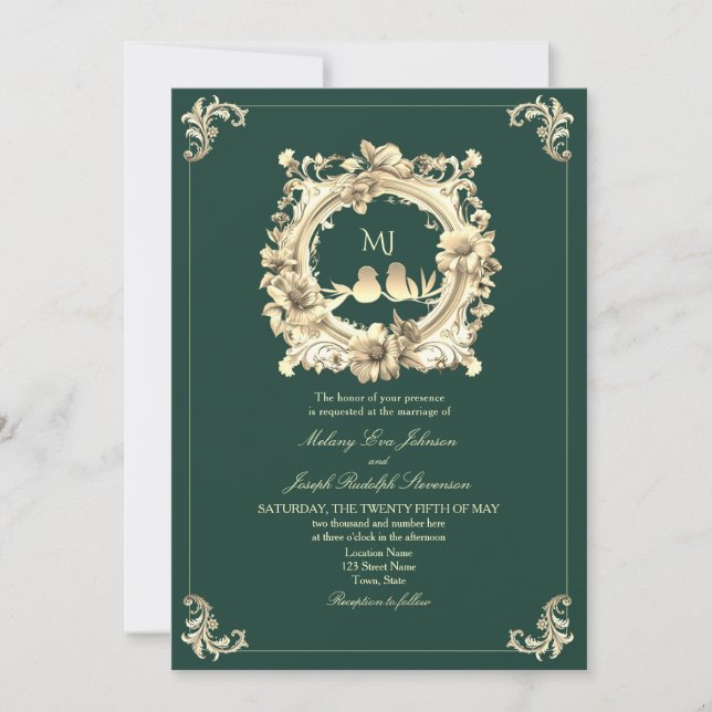 Luxury Gold and Emerald Green Wedding Invitation (Front)