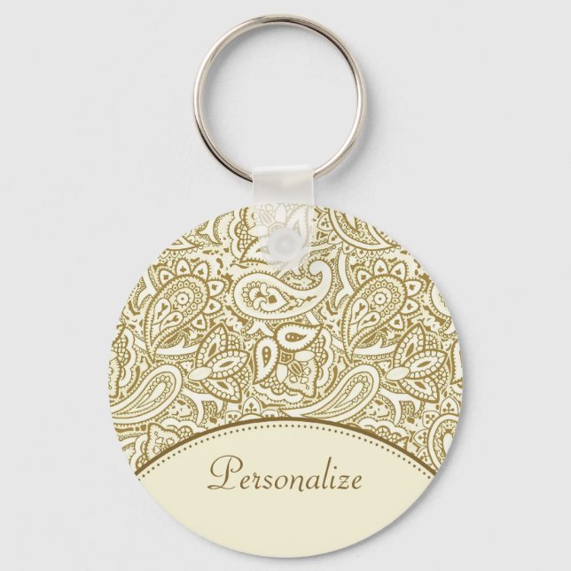Luxury Gold and Ivory Paisley Damask With Name Keychain (Front)