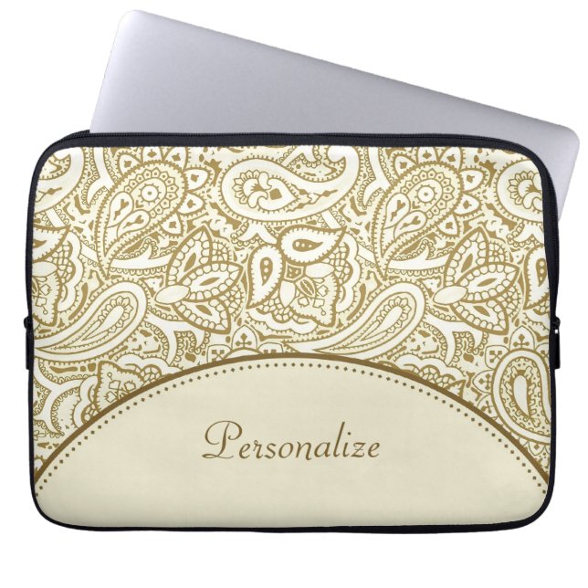 Luxury Gold and Ivory Paisley Damask With Name Laptop Sleeve (Front)
