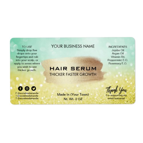 Luxury Gold And Mint Glitter Hair Serum Labels