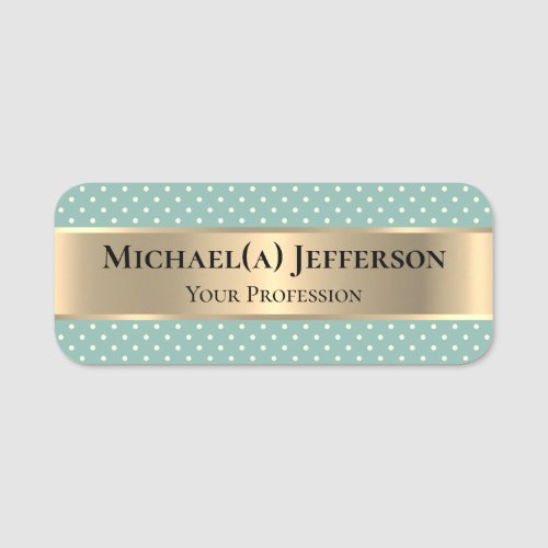 Luxury Gold And Modern Lichen Light Blue Polka Dot Name Tag