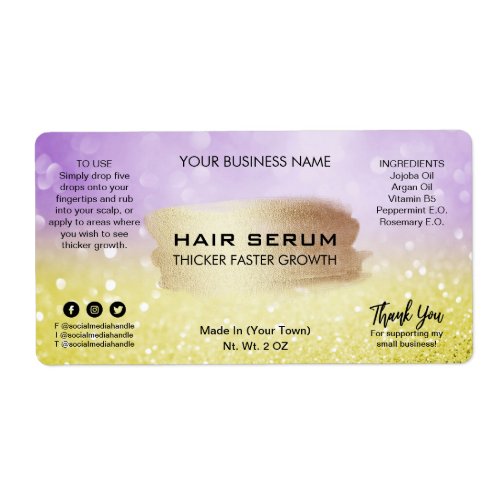 Luxury Gold And Purple Glitter Hair Serum Labels
