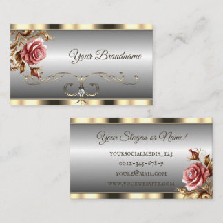 Luxury Gold and Silver Gradient Pink Vintage Rose Business Card