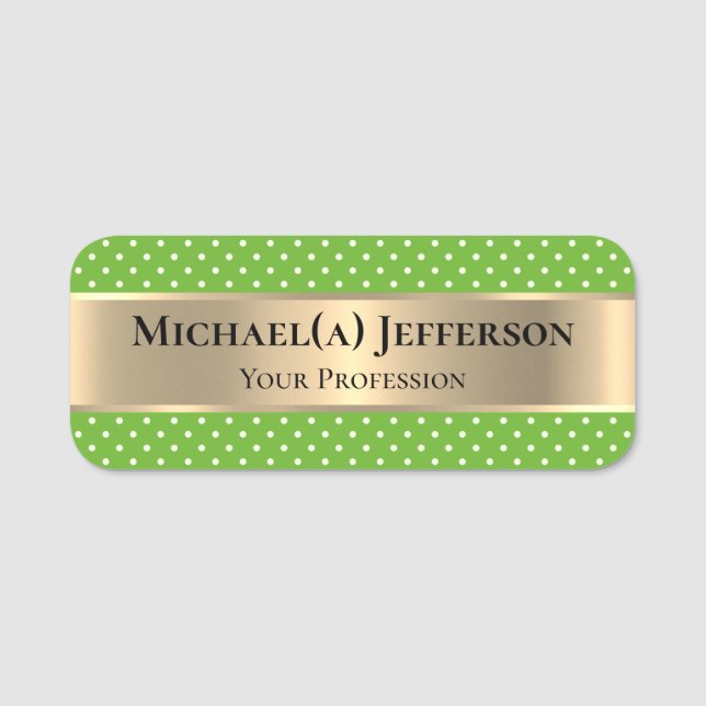 Luxury Gold Apple Green Polka Dot Name Tag (Front)