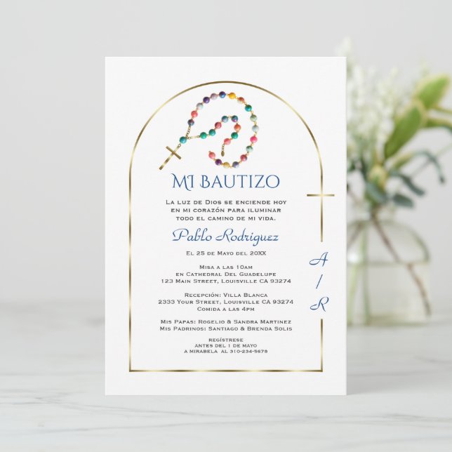 Luxury Gold Arch Rosary Boy Monogram Bautizo Invitation (Standing Front)