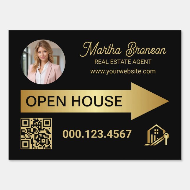 Luxury Gold Arrow QR Code Photo Real Estate Sign (Front)