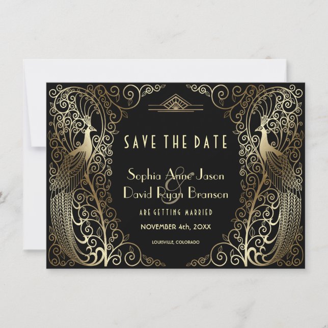 Luxury Gold Art Deco Peacocks Save The Date (Front)