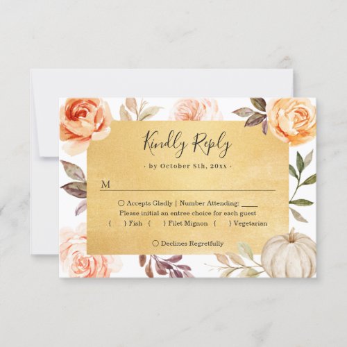 Luxury Gold Autumn Floral Leaves Wedding RSVP Card
