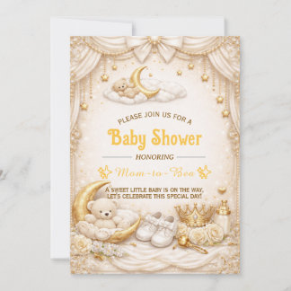 Luxury Gold Baby Shower Invitation with Teddy Bear