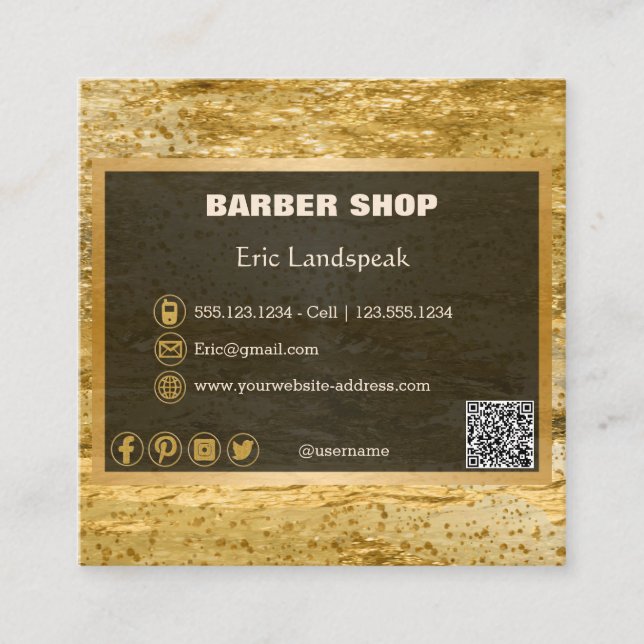 Luxury Gold Barber Shop, QR Code Logo Social Media Square Business Card (Front)