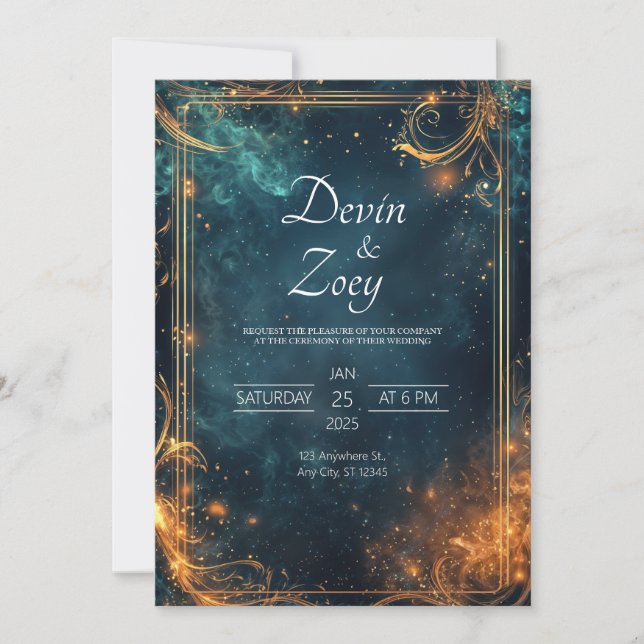 Luxury Gold Baroque Celestial Starry Night Wedding Invitation (Front)
