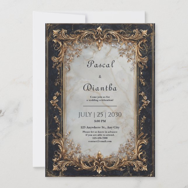 Luxury Gold Baroque White Marble Wedding Invitation (Front)