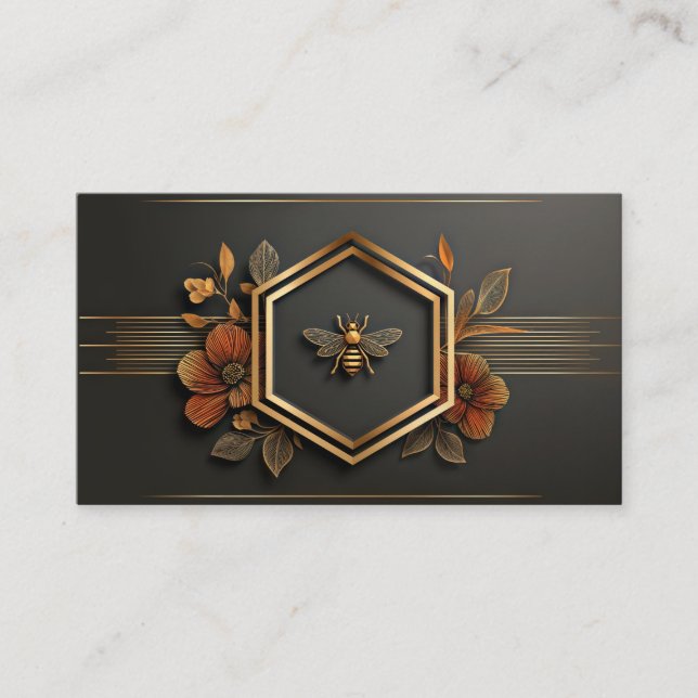 Luxury Gold Bee Hexagon Floral Midnight Black Business Card (Front)