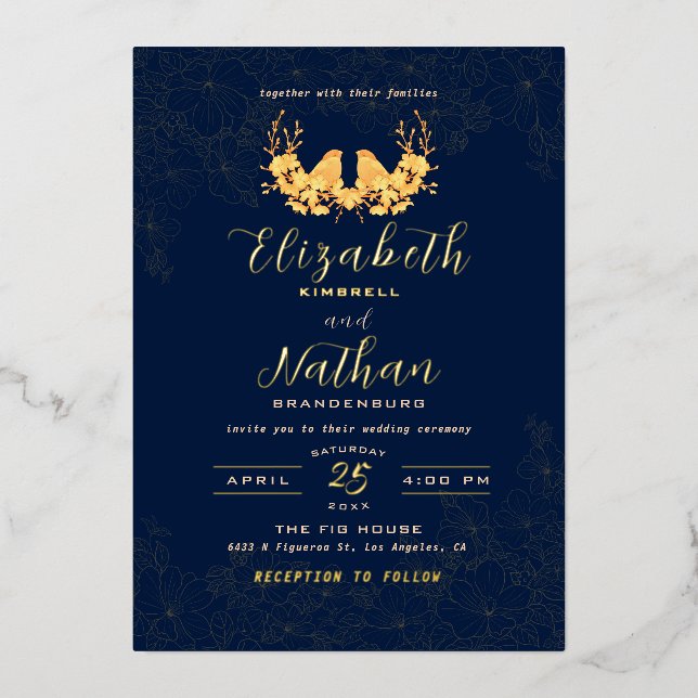 Luxury Gold Birds Floral Navy Blue Pattern Foil Invitation (Front)