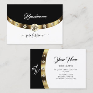 Luxury Gold Black and White Monogram Faux Diamonds Business Card