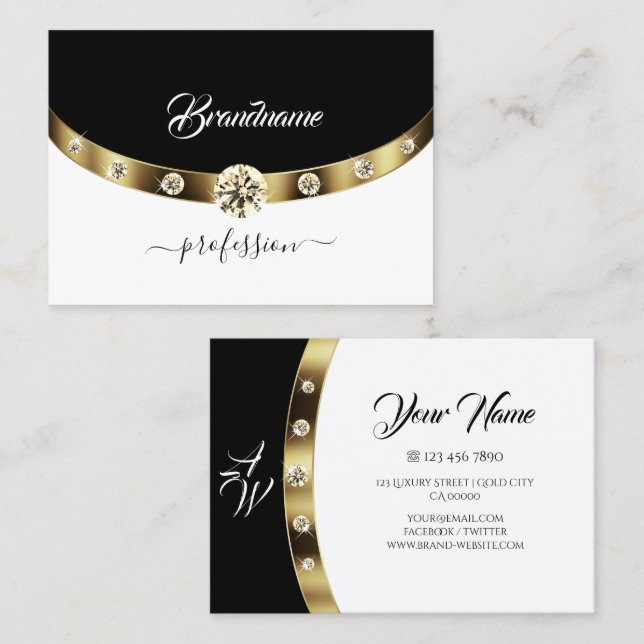 Luxury Gold Black and White Monogram Faux Diamonds Business Card (Front/Back)