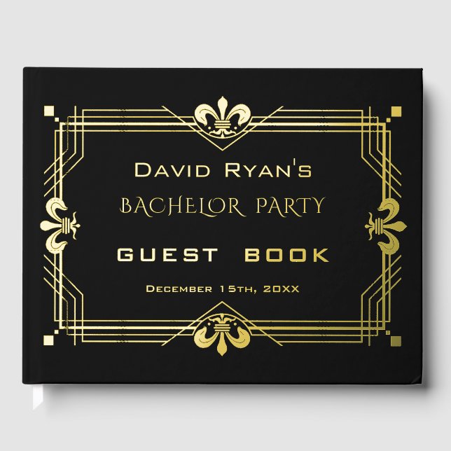Luxury Gold Black Art Deco 20s Bachelor Party Foil Guest Book (Front)