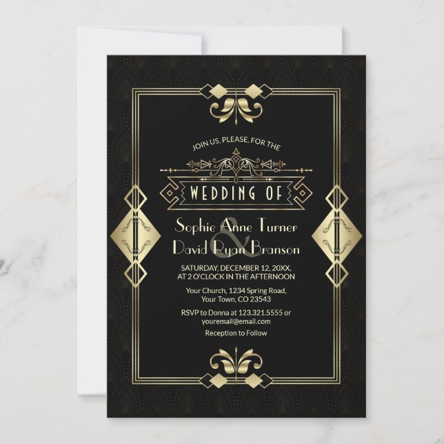 Luxury Gold Black Art Deco Fleur-de-Lis Wedding Invitation (Front)