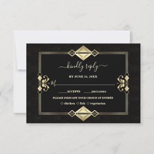 Luxury Gold Black Art Deco Fleur_de_Lis Wedding RSVP Card