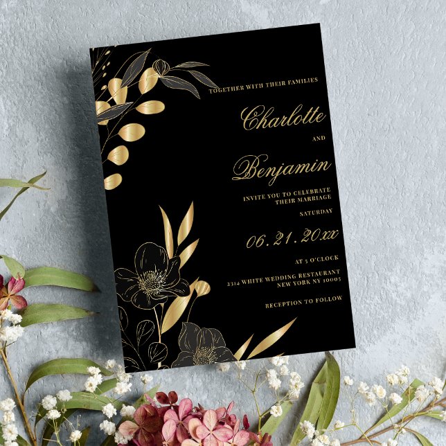 Luxury gold black elegant floral theme wedding  invitation (Luxury gold black elegant floral theme wedding)