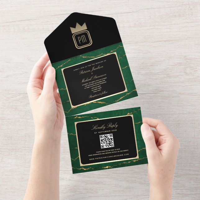 Luxury Gold Black Emerald Green Monogram Wedding All In One Invitation (Tearaway)