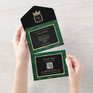 Luxury Gold Black Emerald Green Monogram Wedding All In One Invitation