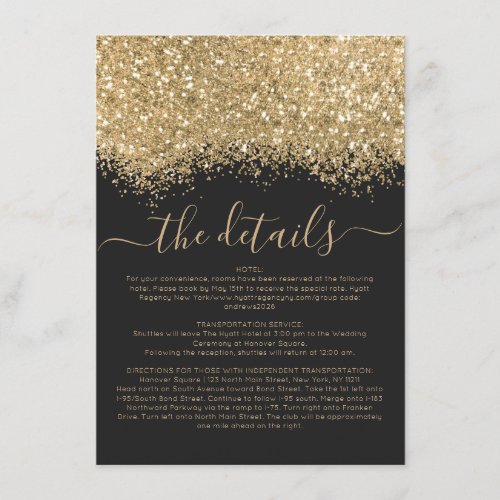 Luxury Gold Black Glitter Confetti Wedding Details Enclosure Card