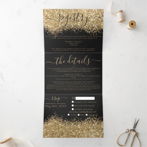 Luxury Gold Black Glitter Registry Detail RSVP Tri_Fold Invitation