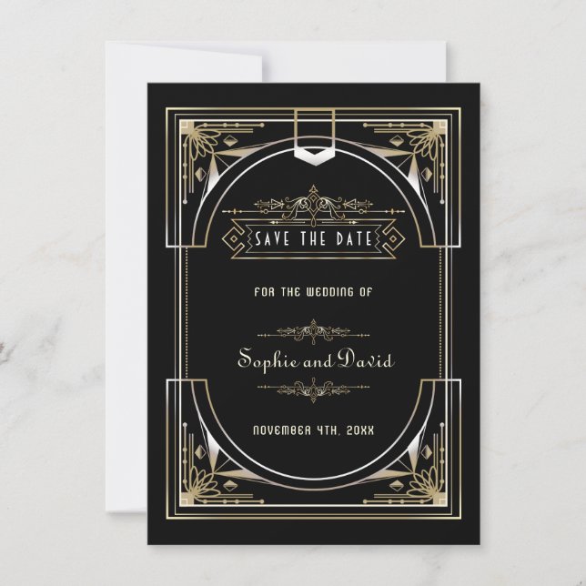 Luxury Gold Black Great 20s Style Wedding Save The Date (Front)