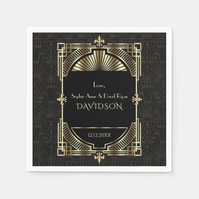 Luxury Gold Black Great Gatsby Roaring 20s Wedding Napkins (Front)