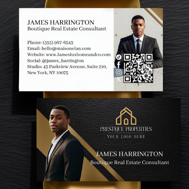Luxury Gold Black Leather Real Estate Agent Photo Business Card (Luxury Gold Black Leather Real Estate Agent Photo Business Card)