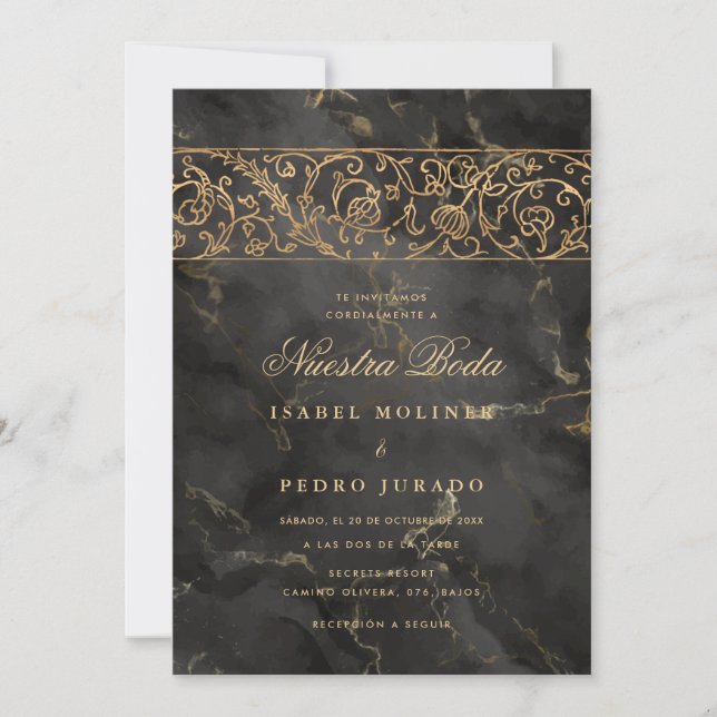 Luxury Gold Black Marble Nuestra Boda Wedding Invitation (Front)