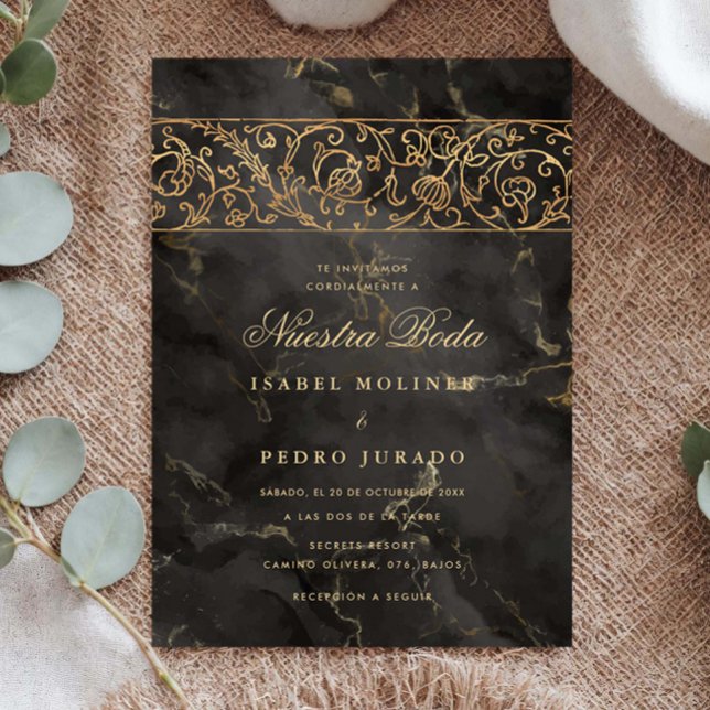 Luxury Gold Black Marble Nuestra Boda Wedding Invitation (Creator Uploaded)