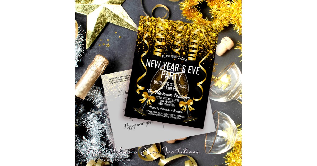 Luxury Gold Black New Year`s Eve Party Invitation Postcard | Zazzle