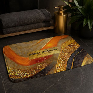 Luxury Gold Black Orange Abstract Metallic Marble Bath Mat