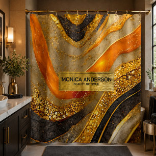 Luxury Gold Black Orange Abstract Metallic Marble  Shower Curtain