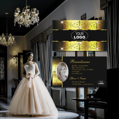 Luxury Gold Black Ornate Borders Jewels Logo Photo Business Card