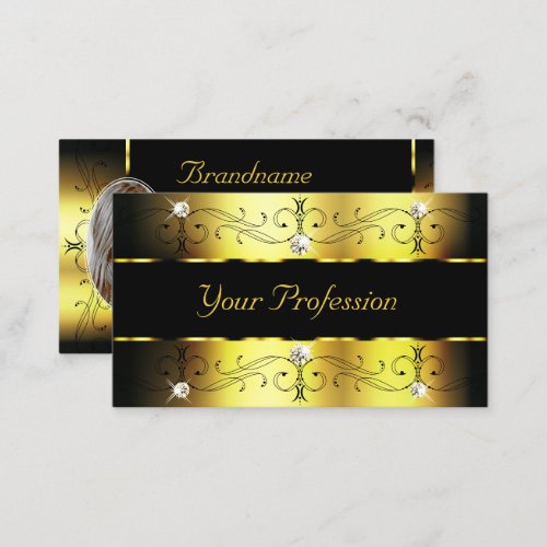 Luxury Gold Black Ornate Borders Jewels with Photo Business Card