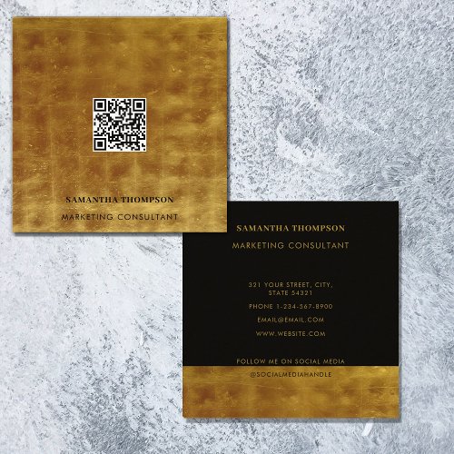 Luxury Gold  Black QR Code Social Media  Square Business Card