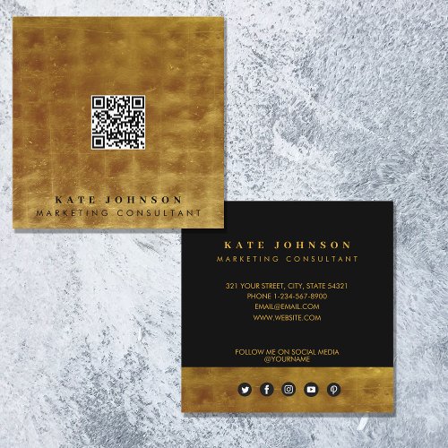 Luxury Gold  Black QR Code Social Media Square  Square Business Card