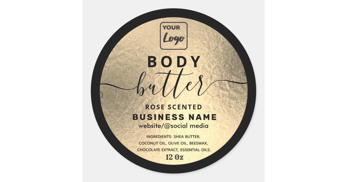 Luxury gold black script body butter logo classic round sticker | Zazzle