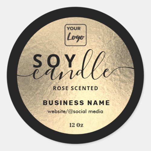 Luxury gold black script soy candle logo classic round sticker