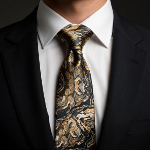 Luxury Gold & Black Swirl Marble Neck Tie